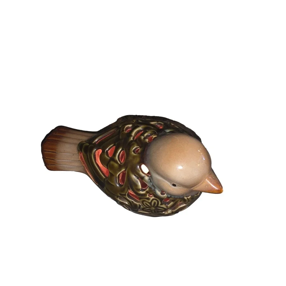 Ceramic Bird Tealight Candle Holder Cutout Glazed Figurine Lantern